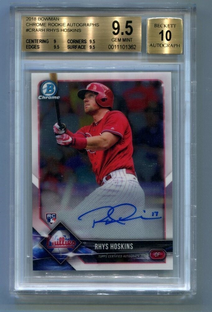 Rhys Hoskins 2018 Bowman Chrome Rookie Auto Baseball Card BGS 9.5 Phillies: Rhys Hoskins 2018 Bowman Chrome Rookie Auto Baseball Card BGS 9.5 Phillies This 2018 Bowman Chrome card features rookie Rhys Hoskins of the Philadelphia Phillies and is autographed. The card has been