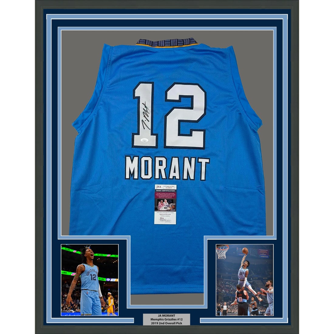 Framed Ja Morant Signed Jersey Memphis Grizzlies JSA Authentication: Framed Ja Morant Signed Jersey Memphis Grizzlies JSA Authentication This framed autographed jersey features Ja Morant, a star player for the Memphis Grizzlies. The light blue jersey is authentically s