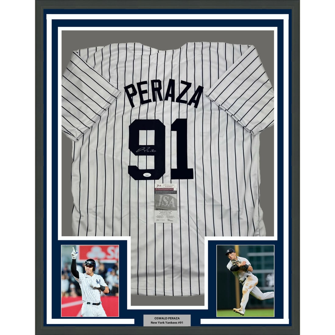 Framed Autographed Oswald Peraza New York Yankees Jersey JSA COA 35x39: Framed Autographed Oswald Peraza New York Yankees Jersey JSA COA 35x39 Celebrate the legacy of Oswald Peraza with this framed, autographed New York Yankees pinstripe jersey. This impressive piece meas
