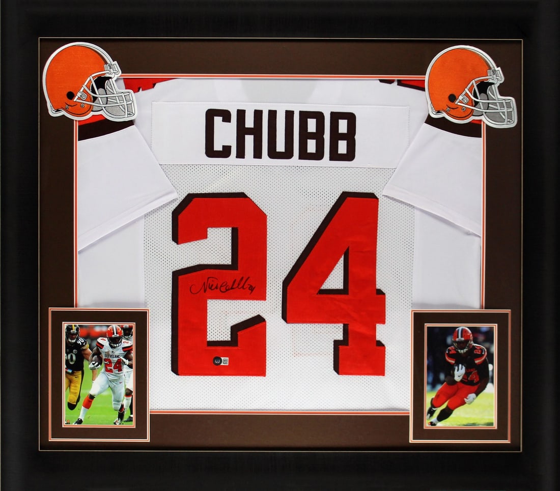 Nick Chubb Signed Framed Jersey Cleveland Browns BAS Witnessed: Nick Chubb Signed Framed Jersey Cleveland Browns BAS Witnessed This authentic autographed white pro style framed jersey features the signature of Nick Chubb, star player of the Cleveland Browns. It is
