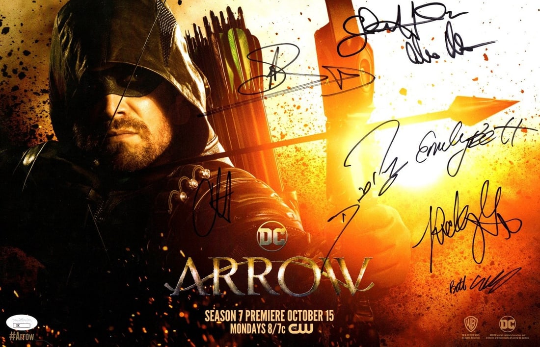 Arrow Cast 11x17 Poster Signed by Amell Ramsey Rickards 8 Autos JSA: Arrow Cast 11x17 Poster Signed by Amell Ramsey Rickards 8 Autos JSA This Arrow cast autographed poster features the signatures of notable stars including Stephen Amell, David Ramsey, Emily Bett Rickar