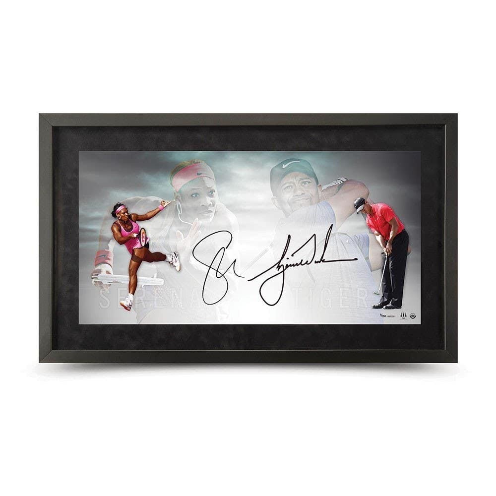Serena Williams Tiger Woods Signed 36x18 Framed Artwork Upper Deck Authenticated: Serena Williams Tiger Woods Signed 36x18 Framed Artwork Upper Deck Authenticated Celebrate the legacy of two sports icons with this hand-signed, framed photo featuring Serena Williams and Tiger Woods.