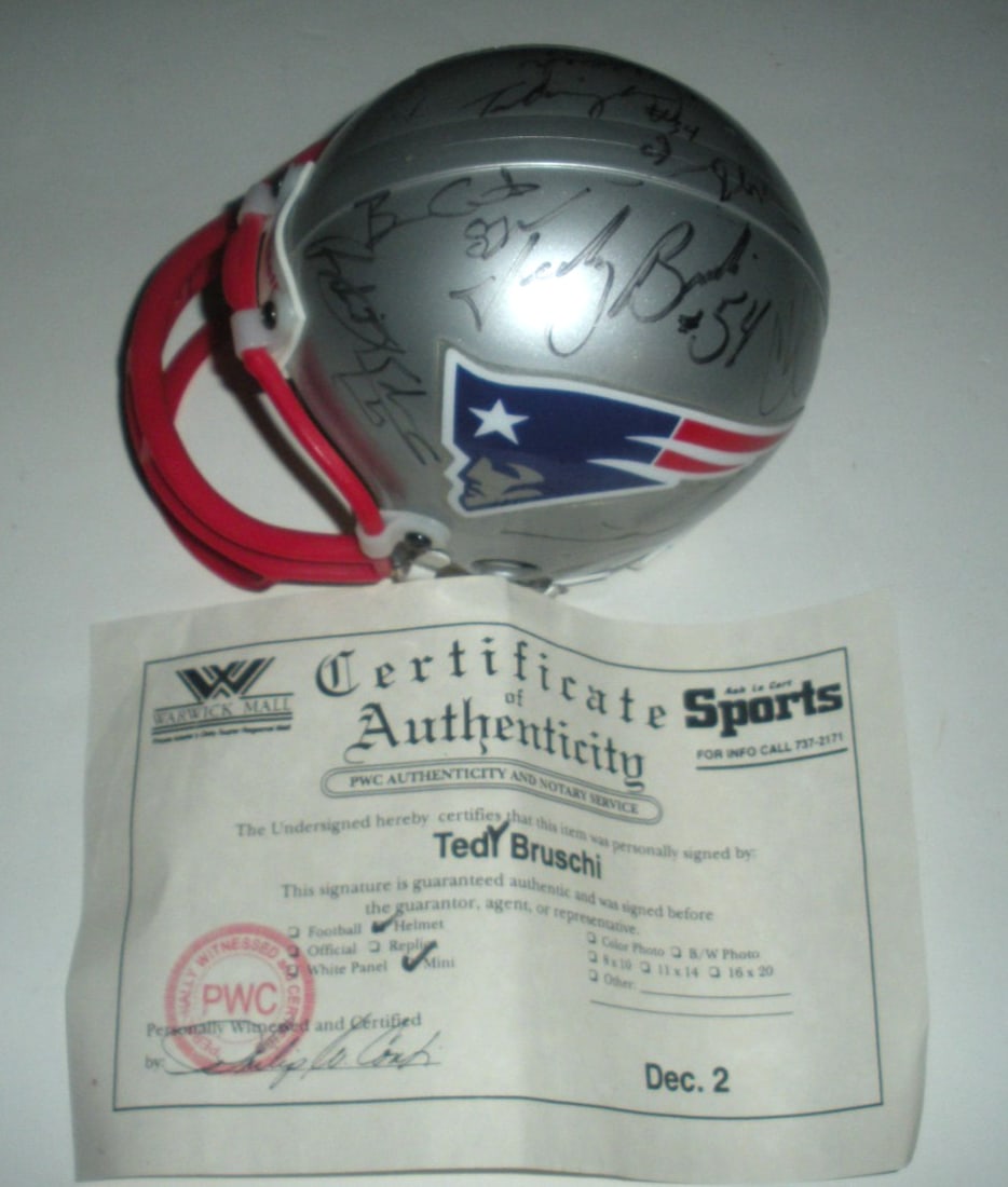 Mini Football Helmet Signed by Kraft Bruschi Law Coates McGinest with COA (1 of 7)