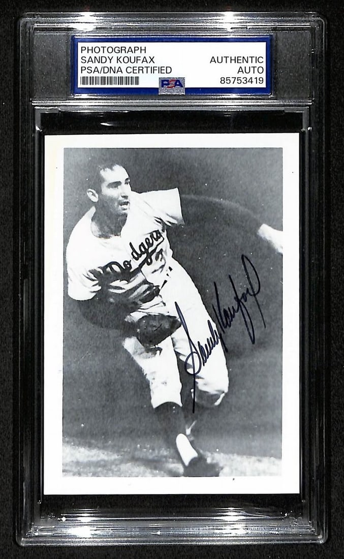 Sandy Koufax Autographed Baseball Photo Postcard With PSA/DNA Authentication: Sandy Koufax Autographed Baseball Photo Postcard With PSA/DNA Authentication This is an original 3.5x5 inch photo postcard signed by baseball Hall of Famer Sandy Koufax. The item has been authenticate