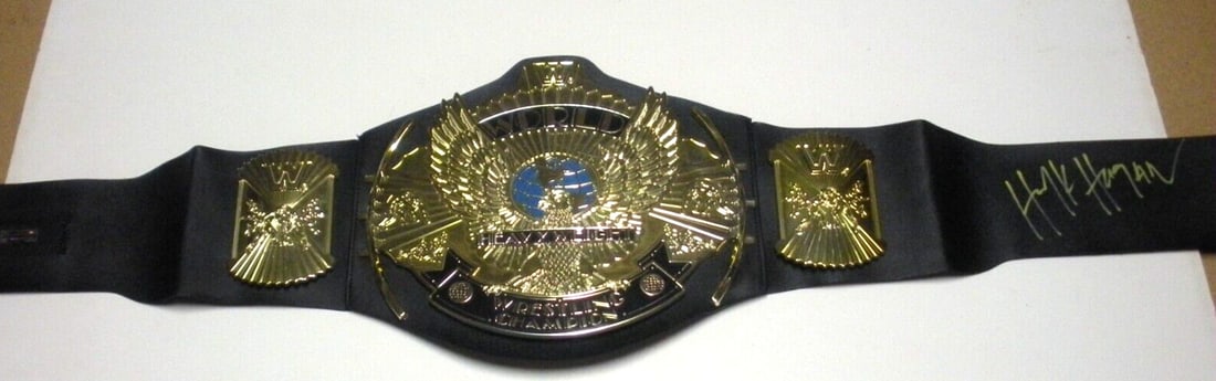Hulk Hogan Signed Championship Belt with Heritage COA: Hulk Hogan Signed Championship Belt with Heritage COA This authentic championship belt is signed by the legendary wrestler Hulk Hogan, also known as 'The Hulkster'. A must-have for any wrestling fan,