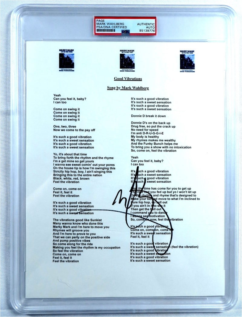 Mark Wahlberg Good Vibrations Autographed Lyric Sheet PSA Certified: Mark Wahlberg Good Vibrations Autographed Lyric Sheet PSA Certified This is an original autographed lyric sheet of "Good Vibrations" by Mark Wahlberg, authenticated by Professional Sports Authenticato