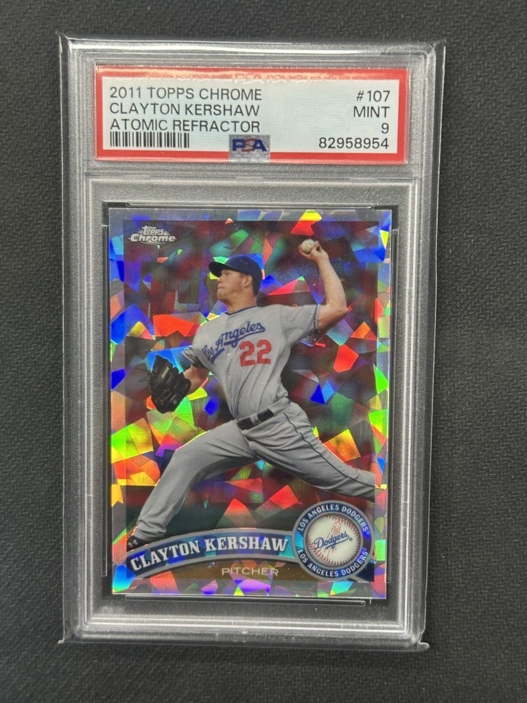 Clayton Kershaw 2011 Topps Chrome Atomic Refractor PSA 9 #107: Clayton Kershaw 2011 Topps Chrome Atomic Refractor PSA 9 #107 This is a 2011 Topps Chrome Atomic Refractor baseball card featuring Clayton Kershaw, an esteemed player of the Los Angeles Dodgers. The c