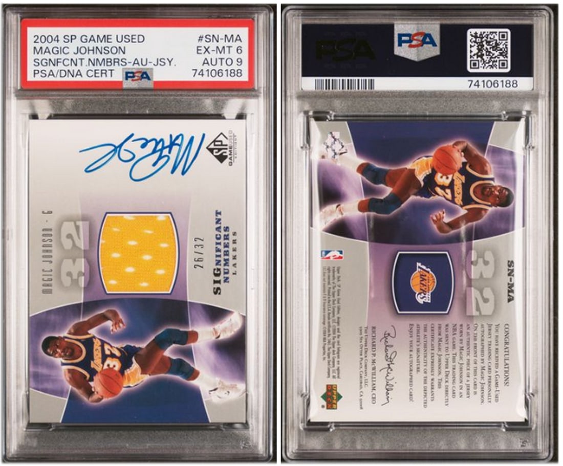 Magic Johnson 2004 Upper Deck SP Game Used PSA 6 Auto 26/32 LA Lakers: Magic Johnson 2004 Upper Deck SP Game Used PSA 6 Auto 26/32 LA Lakers This collectible card features Magic Johnson from the 2004 Upper Deck SP Game Used series. It is a limited edition card, serial nu