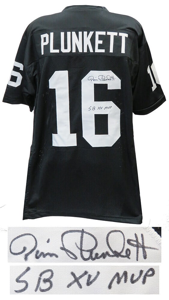 Jim Plunkett Signed Black Custom Jersey SB XV MVP COA: Jim Plunkett Signed Black Custom Jersey SB XV MVP COA This is a Jim Plunkett signed black custom football jersey featuring the inscription 'SB XV MVP'. The jersey is a size XL and is a remarkable piec