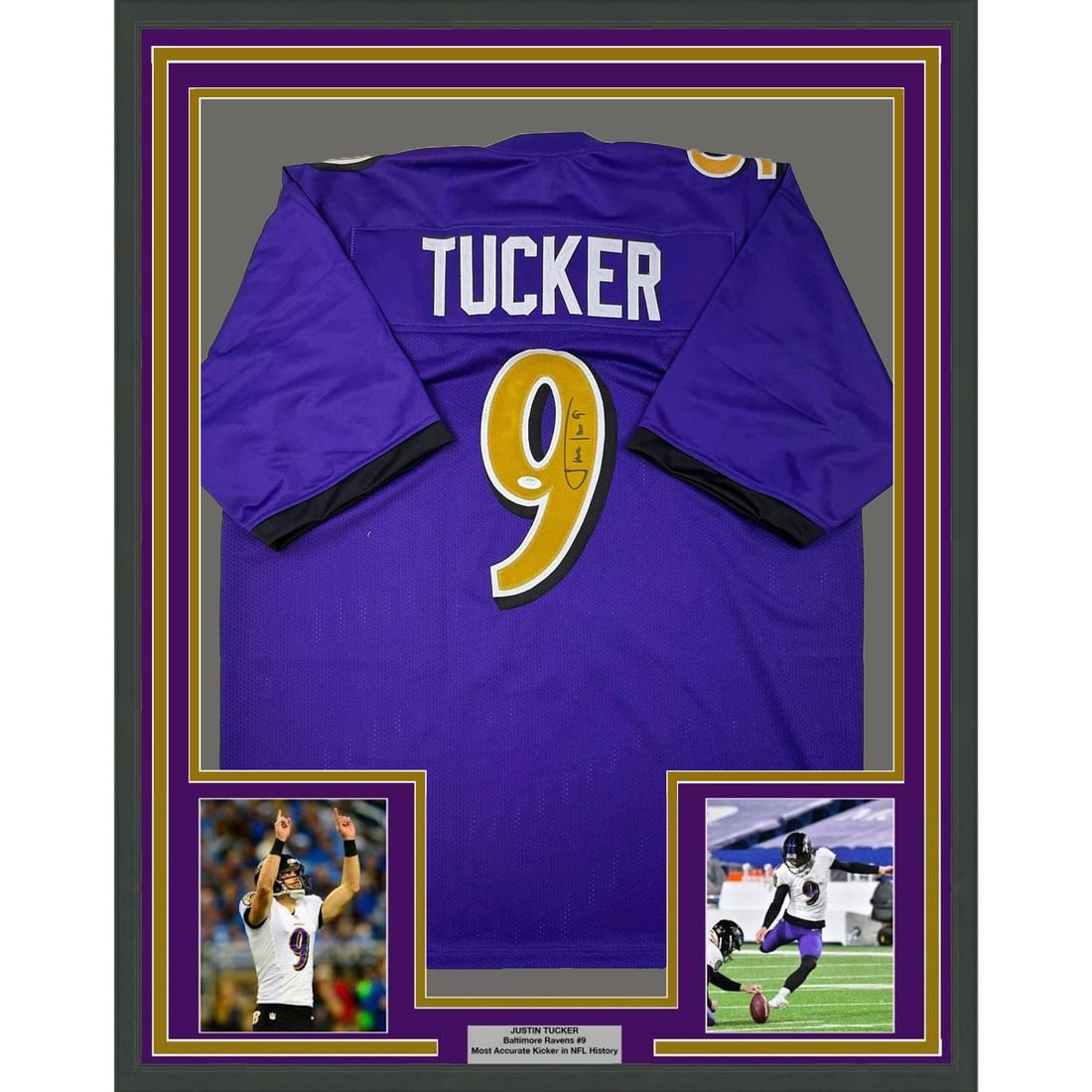 Framed Autographed Justin Tucker Purple Color Rush Jersey with JSA COA: Framed Autographed Justin Tucker Purple Color Rush Jersey with JSA COA This professionally framed and matted autographed jersey features Justin Tucker, the renowned NFL kicker for the Baltimore Ravens