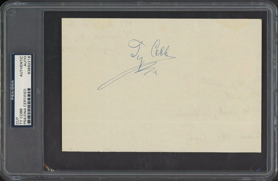 Ty Cobb Signed 4.75x7.25 Cut Signature PSA/DNA Detroit Tigers: Ty Cobb Signed 4.75x7.25 Cut Signature PSA/DNA Detroit Tigers This is an authentic signed cut signature of the legendary Ty Cobb, measuring 4.75x7.25 inches. The autograph is personally signed and has