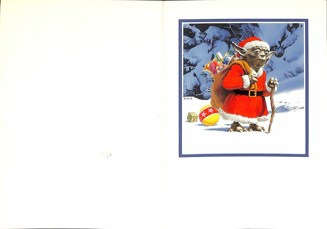 1981 Lucasfilm Holiday Card Santa Yoda by Ralph McQuarrie ILM Provenance: 1981 Lucasfilm Holiday Card Santa Yoda by Ralph McQuarrie ILM Provenance This original 1981 Lucasfilm holiday card features the iconic 'Santa Yoda' artwork by legendary concept artist Ralph McQuarrie.