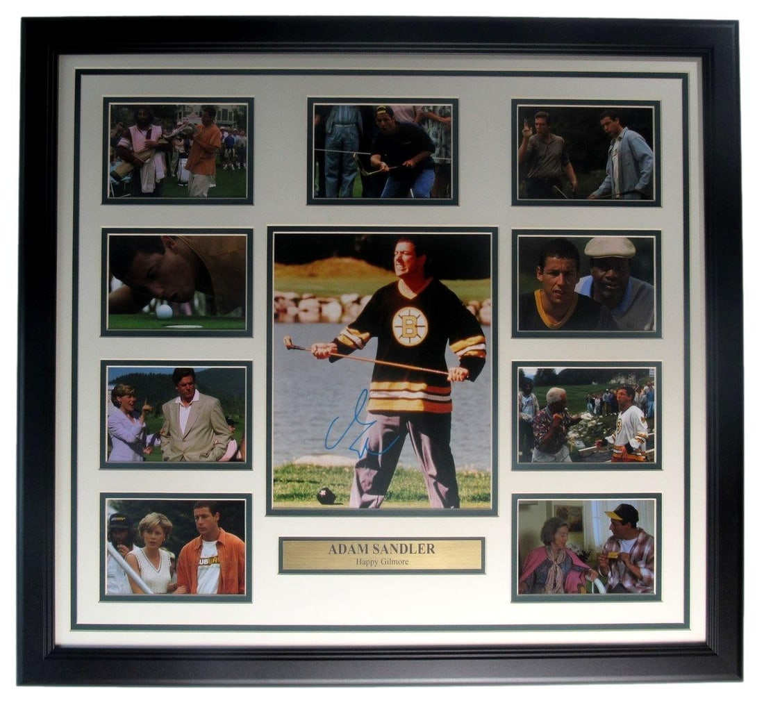 Framed Adam Sandler Autograph 8x10 Photo Collage Beckett Authenticated: Framed Adam Sandler Autograph 8x10 Photo Collage Beckett Authenticated This professionally framed display features an authentic Adam Sandler autographed 8x10 photo presented within a custom photo coll
