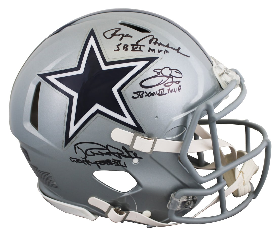 Dallas Cowboys Signed F/S Helmet by Smith Staubach White BAS: Dallas Cowboys Signed F/S Helmet by Smith Staubach White BAS This authentic full-size Riddell Speed Proline helmet is personally signed by three legendary Dallas Cowboys players: Emmitt Smith, Roger S