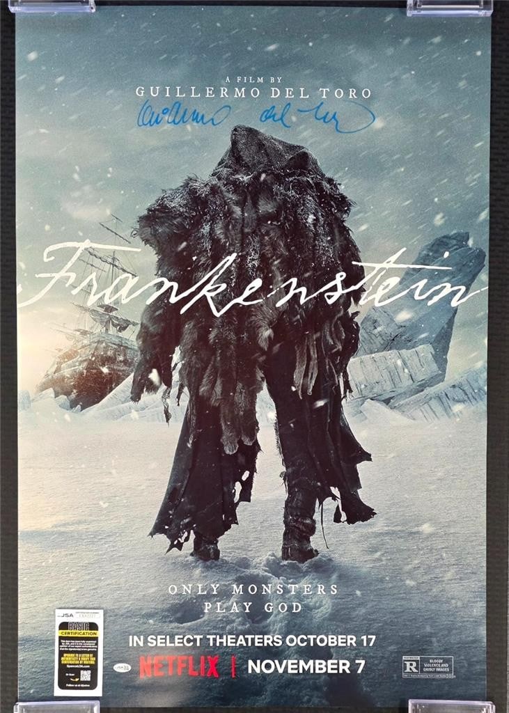 Frankenstein 27x40 Poster Signed by Guillermo Del Toro JSA Authenticated: Frankenstein 27x40 Poster Signed by Guillermo Del Toro JSA Authenticated This is an original 27x40 inch poster from the movie Frankenstein, hand-signed by Guillermo Del Toro. The autograph is authenti