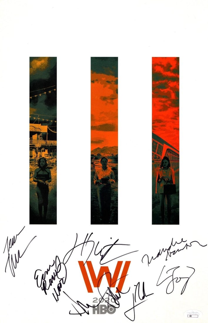 Westworld Autographed 11X17 Poster with 8 Cast Signatures JSA Certified: Westworld Autographed 11X17 Poster with 8 Cast Signatures JSA Certified Celebrate the acclaimed series 'Westworld' with this autographed 11x17 poster featuring the signatures of the talented cast memb