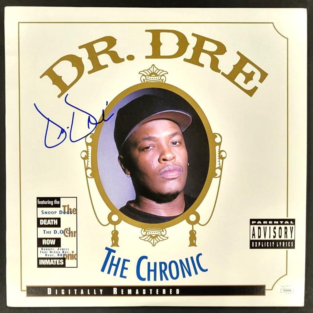 The Chronic vinyl LP hand signed by Dr. Dre with JSA authentication: The Chronic vinyl LP hand signed by Dr. Dre with JSA authentication This is an original vinyl record album LP of 'The Chronic' signed by Dr. Dre. The autograph is authenticated by James Spence Authent
