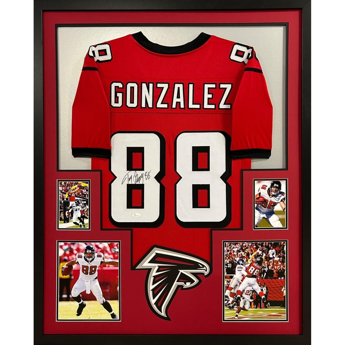 Tony Gonzalez Framed Signed Jersey JSA Authenticated Atlanta Falcons: Tony Gonzalez Framed Signed Jersey JSA Authenticated Atlanta Falcons This is a framed jersey autographed by Tony Gonzalez, a renowned player of the Atlanta Falcons. The jersey comes with a tamper-proo