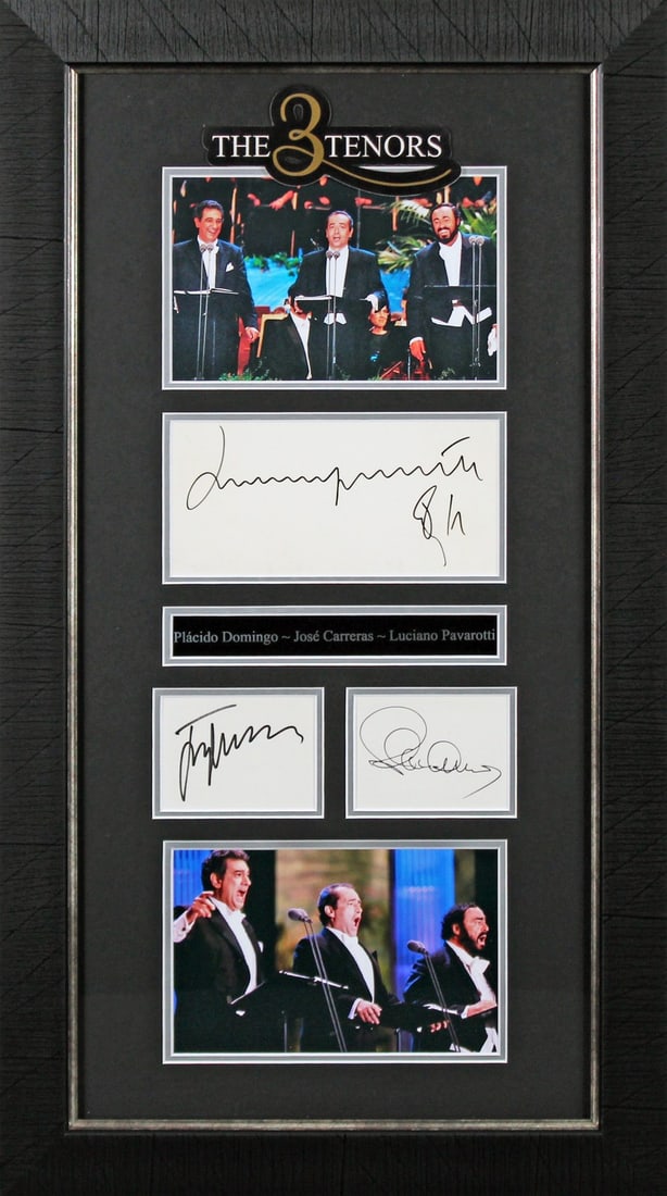 The Three Tenors Signed Framed Display Pavarotti Domingo Carreras Beckett COA: The Three Tenors Signed Framed Display Pavarotti Domingo Carreras Beckett COA This stunning autographed framed display features the legendary trio known as The Three Tenors: Luciano Pavarotti, Placido