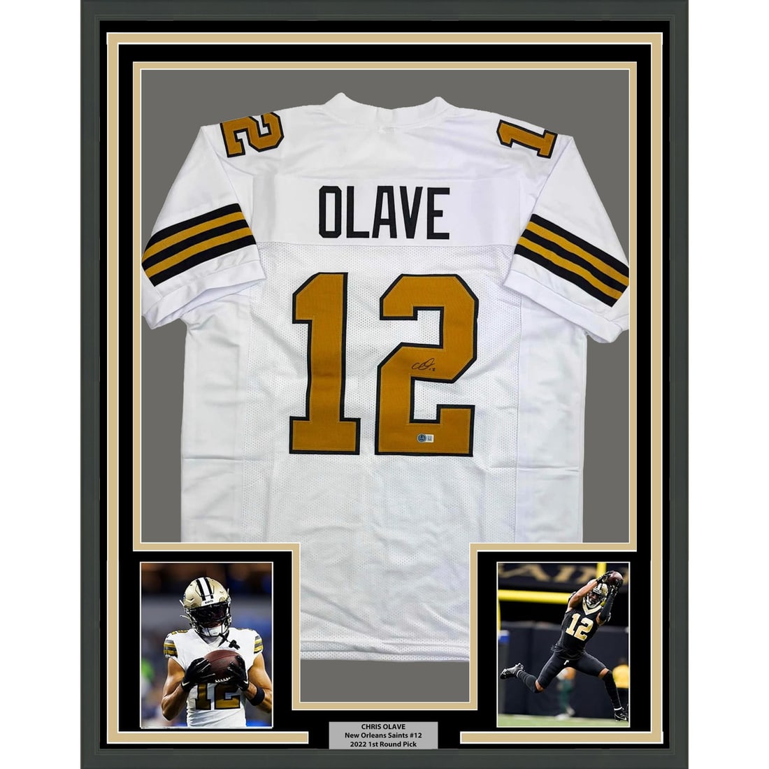 Chris Olave Signed Framed New Orleans Jersey 35x39 Beckett Authenticated: Chris Olave Signed Framed New Orleans Jersey 35x39 Beckett Authenticated This professionally framed and matted display features a Chris Olave New Orleans CR jersey, autographed by the player. The pres