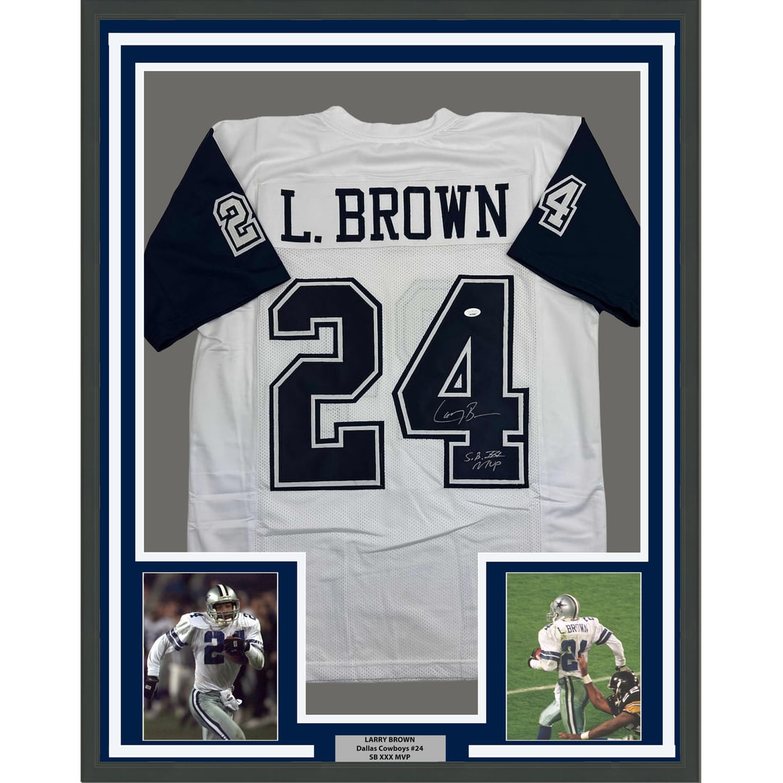Larry Brown Signed Dallas Cowboys Jersey Framed Display 35x39 JSA Authenticated: Larry Brown Signed Dallas Cowboys Jersey Framed Display 35x39 JSA Authenticated This professionally framed and matted display features a Dallas Cowboys white jersey autographed by Larry Brown, the Sup