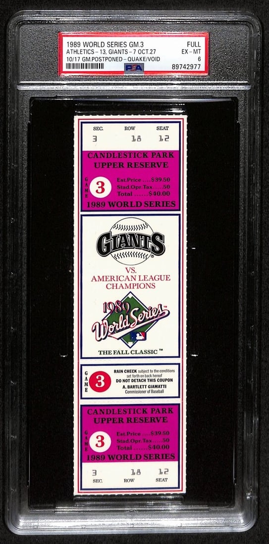 1989 World Series Game 3 Full Ticket A's vs Giants PSA/DNA EX-MT 6: 1989 World Series Game 3 Full Ticket A's vs Giants PSA/DNA EX-MT 6 Offered is an original full ticket from the 1989 World Series Game 3 featuring the Oakland Athletics versus the San Francisco Giants,