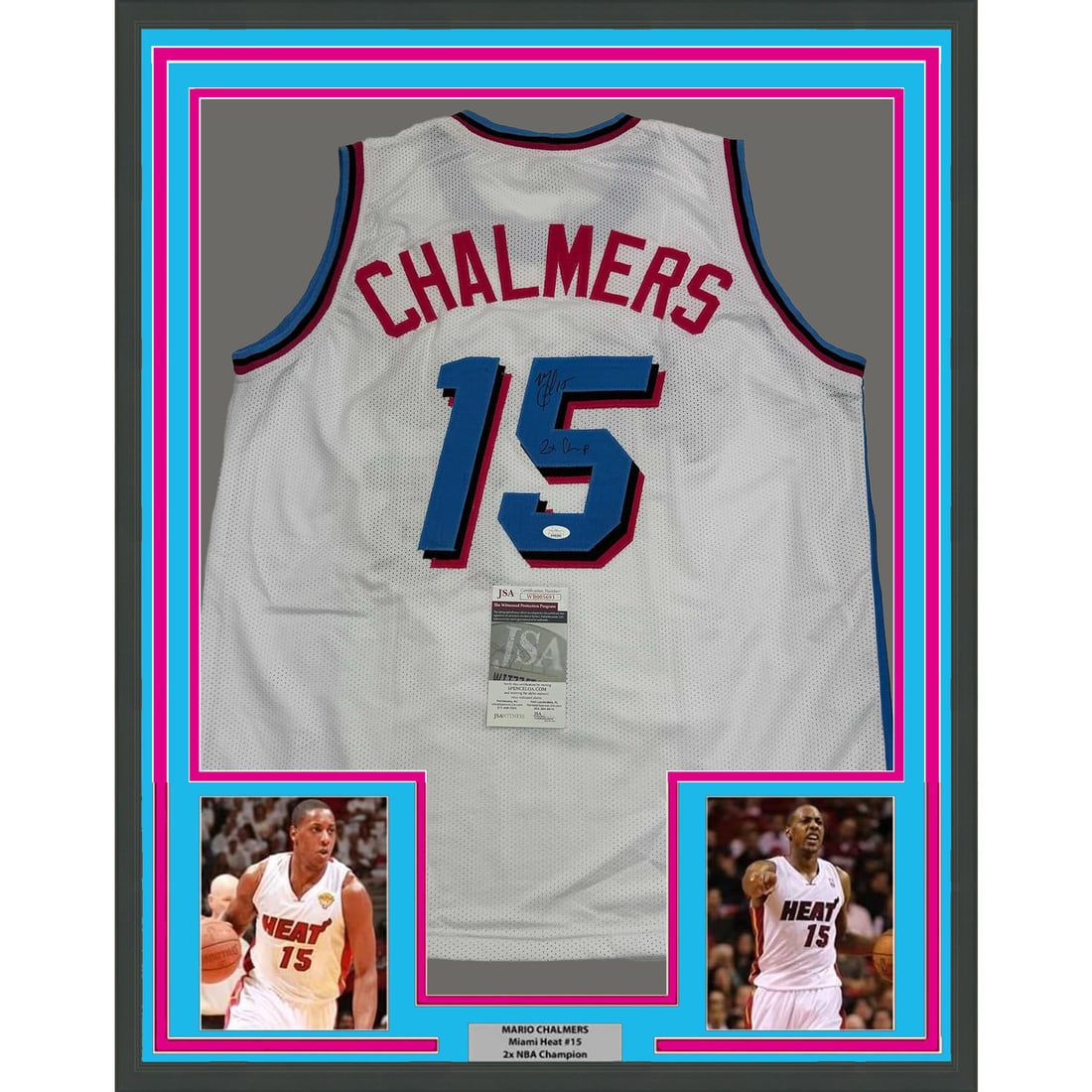 Framed Signed Mario Chalmers Miami Heat Jersey 35x39 JSA COA: Framed Signed Mario Chalmers Miami Heat Jersey 35x39 JSA COA Celebrate the legacy of Mario Chalmers with this professionally framed, autographed Miami Vice white jersey. This original item measures 35