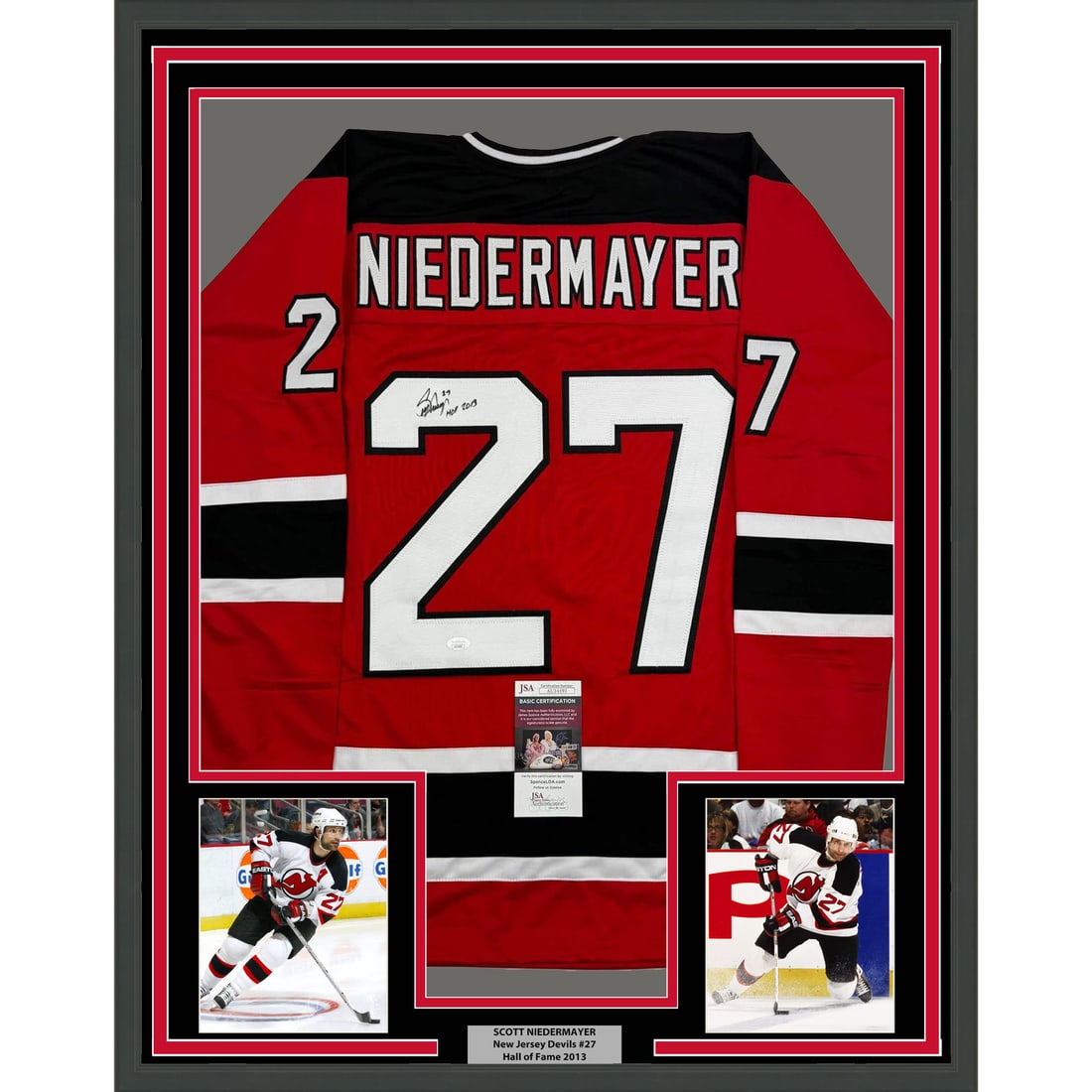 Framed Scott Niedermayer Autographed Jersey HOF 2013 JSA COA 35x39: Framed Scott Niedermayer Autographed Jersey HOF 2013 JSA COA 35x39 Celebrate the legacy of Scott Niedermayer with this professionally framed and matted autographed red jersey, commemorating his Hall o