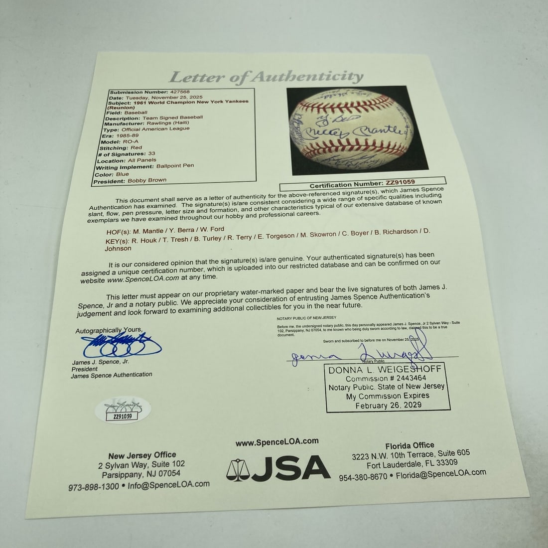 1961 Yankees Team Signed Baseball with Mickey Mantle JSA Authenticated - 8