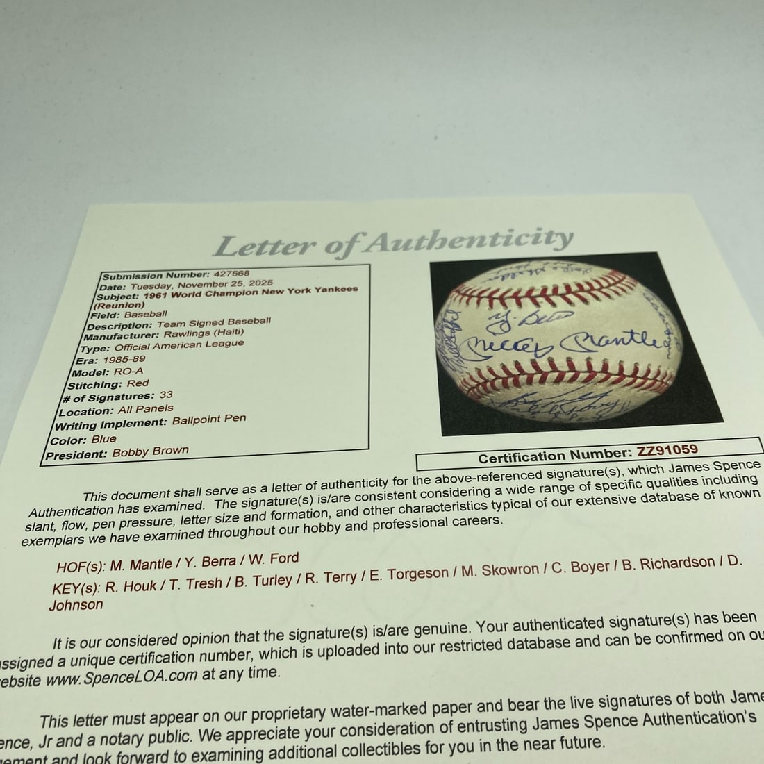 1961 Yankees Team Signed Baseball with Mickey Mantle JSA Authenticated - 9