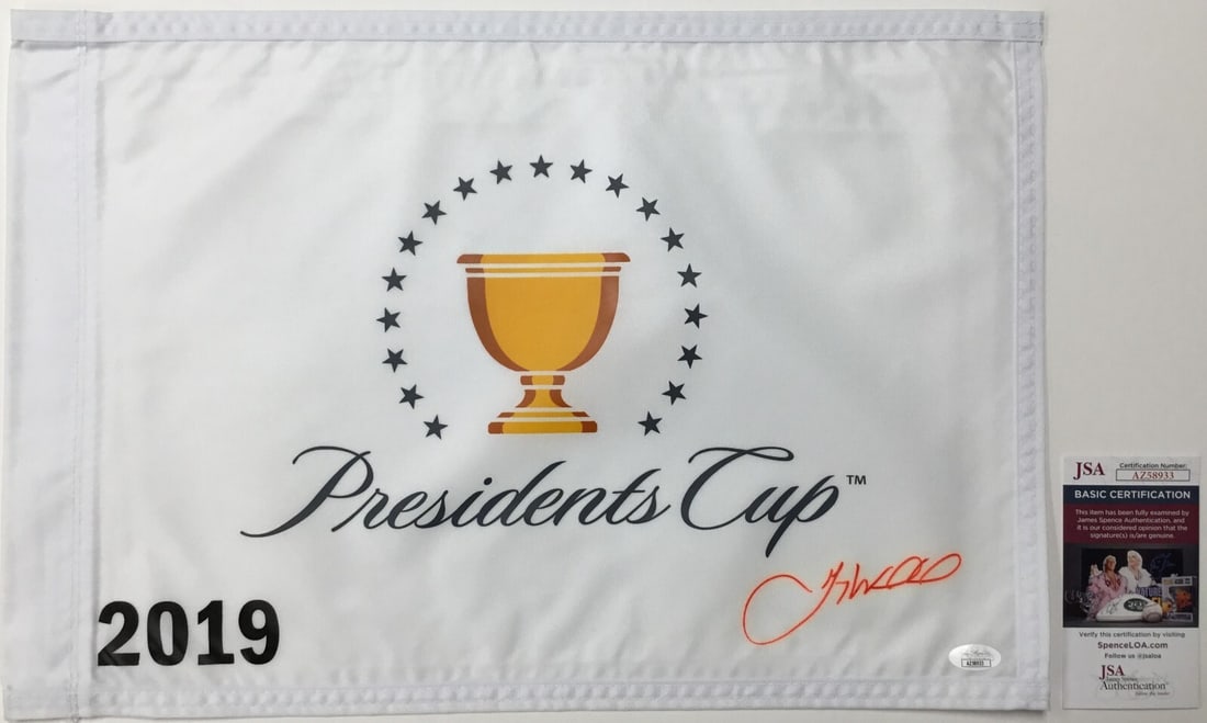 Gary Woodland Signed The President's Cup 2019 Pin Flag JSA Authenticated: Gary Woodland Signed The President's Cup 2019 Pin Flag JSA Authenticated Celebrate the excitement of golf with this official pin flag from The President's Cup 2019, signed by PGA star Gary Woodland. T