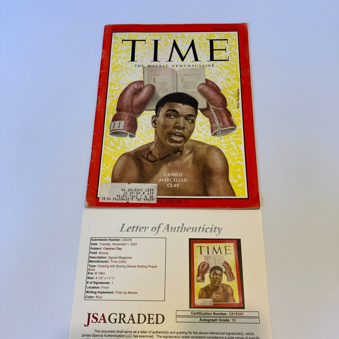 Muhammad Ali Signed 1963 Time Magazine JSA Graded 10 GEM MINT: Muhammad Ali Signed 1963 Time Magazine JSA Graded 10 GEM MINT This is an original 1963 Time Magazine featuring the legendary boxer Muhammad Ali, who is also known as Cassius Clay. The magazine is sign