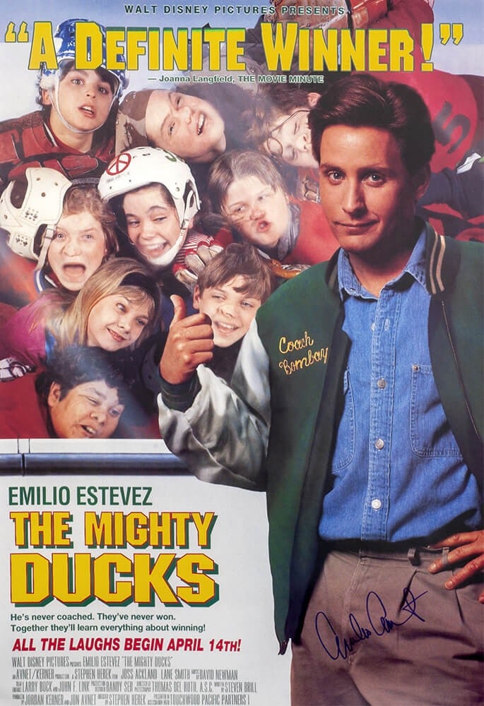 The Mighty Ducks 27x40 Poster Autographed by Emilio Estevez with COA: The Mighty Ducks 27x40 Poster Autographed by Emilio Estevez with COA This is a full-size 27x40 inch movie poster for The Mighty Ducks, personally signed by Emilio Estevez. The autograph is authenticat