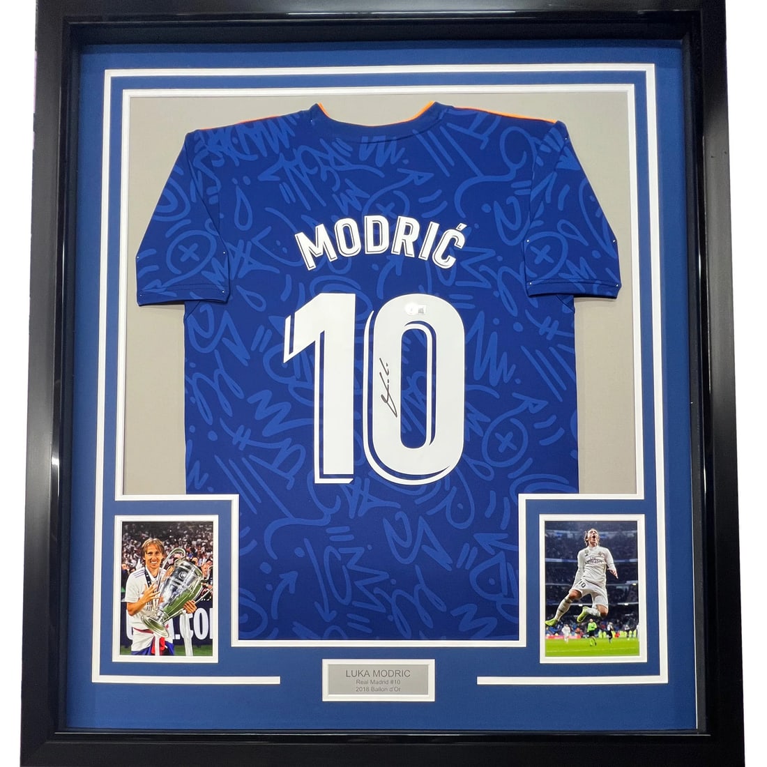 Framed Luka Modric Autographed Blue Jersey Real Madrid BAS COA Gem Mint: Framed Luka Modric Autographed Blue Jersey Real Madrid BAS COA Gem Mint This is a professionally framed and autographed jersey of Luka Modric, featuring the iconic blue design of Real Madrid. The jers