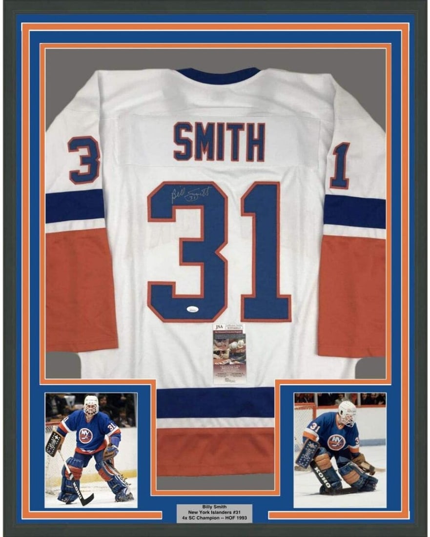 Framed Autographed Billy Smith New York Islanders Jersey JSA COA 35x39: Framed Autographed Billy Smith New York Islanders Jersey JSA COA 35x39 Celebrate the legacy of Billy Smith with this professionally framed autographed New York Islanders hockey jersey. This authentic