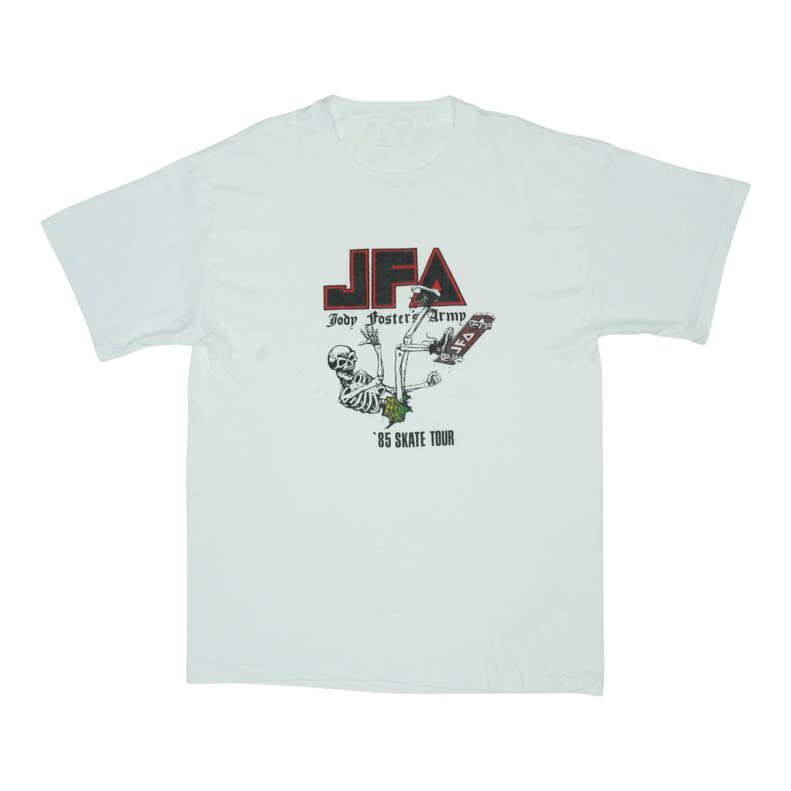 Vintage 1985 Jody Foster's Army Skate Tour White Poly Cotton T Shirt: Vintage 1985 Jody Foster's Army Skate Tour White Poly Cotton T Shirt This is an original vintage 1985 Jody Foster's Army Skate Tour shirt. The shirt is a true vintage item from the 1980s, not a modern