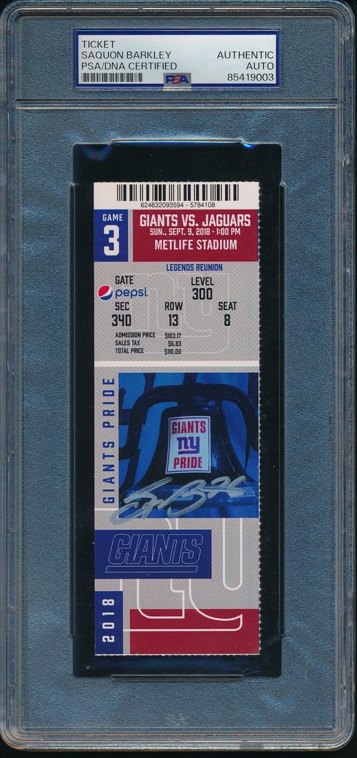 Saquon Barkley Signed NFL Debut Full Ticket PSA Authenticated: Saquon Barkley Signed NFL Debut Full Ticket PSA Authenticated Celebrate Saquon Barkley's remarkable NFL debut with this signed full ticket from the September 9, 2018 game between the New York Giants a