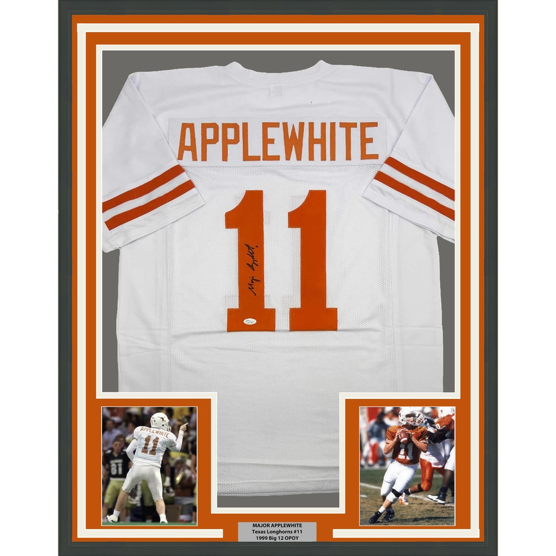 Major Applewhite Signed Texas Jersey 35x39 Framed Display JSA Authenticated: Major Applewhite Signed Texas Jersey 35x39 Framed Display JSA Authenticated This is a professionally framed and matted Texas Longhorns white jersey autographed by Major Applewhite. The display include