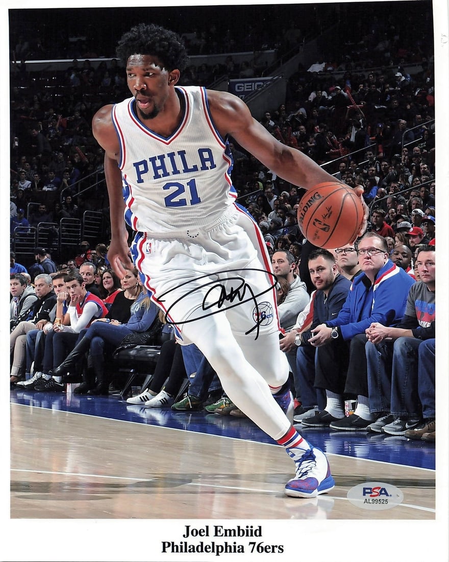 Joel Embiid Autographed 8x10 Photo PSA/DNA Philadelphia 76ers: Joel Embiid Autographed 8x10 Photo PSA/DNA Philadelphia 76ers This professionally printed 8x10 photo features the autograph of Joel Embiid, the star player of the Philadelphia 76ers. The autograph has