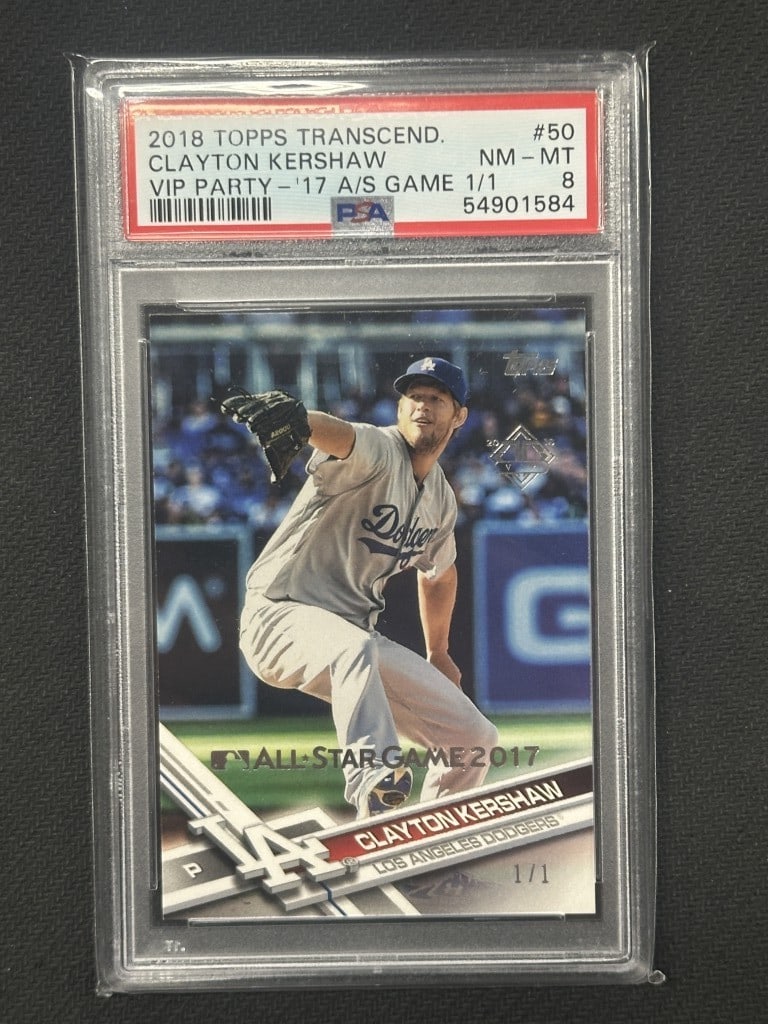 Clayton Kershaw 2018 Topps Transcendent PSA 8 All Star #50: Clayton Kershaw 2018 Topps Transcendent PSA 8 All Star #50 This exceptional 2018 Topps Transcendent VIP Party All Star baseball card features the legendary Clayton Kershaw, a key player for the Los An