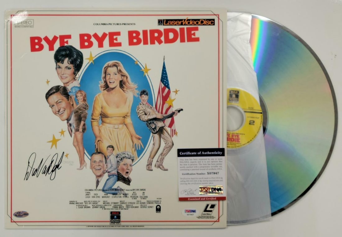 Bye Bye Birdie Laserdisc Cover autographed by Dick Van Dyke PSA DNA certified: Bye Bye Birdie Laserdisc Cover autographed by Dick Van Dyke PSA DNA certified This is an original Bye Bye Birdie Laserdisc cover signed by Dick Van Dyke. The autograph has been authenticated by PSA/DN