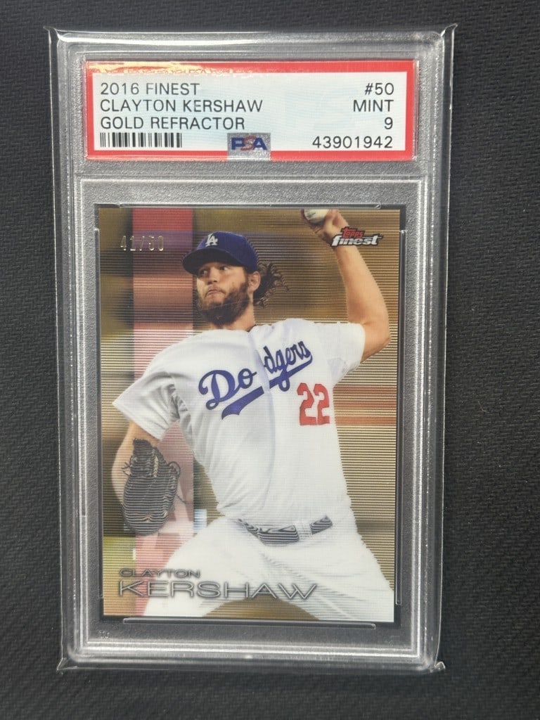 Clayton Kershaw 2016 Topps Finest Gold Refractor PSA 9 #50 Dodgers: Clayton Kershaw 2016 Topps Finest Gold Refractor PSA 9 #50 Dodgers Add a touch of elegance to your collection with this 2016 Topps Finest Gold Refractor baseball card featuring Clayton Kershaw. This s