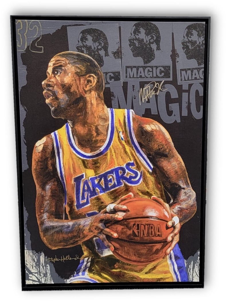 Magic Johnson Autographed 30x43 Canvas Lithograph Lakers: Magic Johnson Autographed 30x43 Canvas Lithograph Lakers This striking lithograph features Magic Johnson, the legendary player of the Los Angeles Lakers, beautifully hand-signed by him. The canvas mea