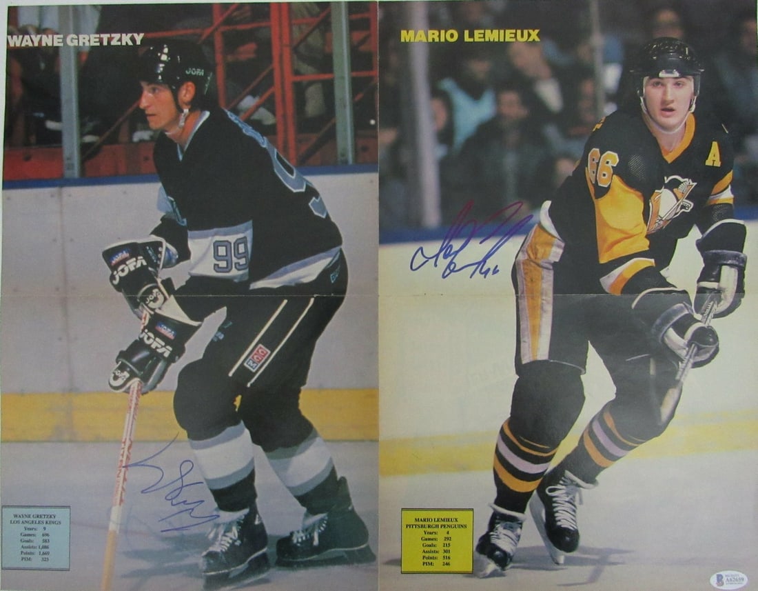 NHL Greats Multi-Signed 16x20 Poster by Gretzky Lemieux 6 Signatures Beckett Authenticated: NHL Greats Multi-Signed 16x20 Poster by Gretzky Lemieux 6 Signatures Beckett Authenticated This remarkable NHL Greats Multi-Signed 16x20 Magazine Insert Poster features the signatures of six legendary