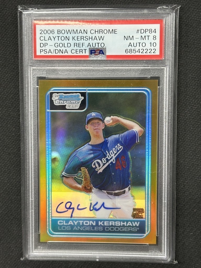 Clayton Kershaw 2006 Bowman Chrome Gold Refractor Auto PSA 8 #DP84: Clayton Kershaw 2006 Bowman Chrome Gold Refractor Auto PSA 8 #DP84 This is a 2006 Bowman Chrome Gold Refractor Auto baseball card featuring Clayton Kershaw, one of the standout players of the Los Ange