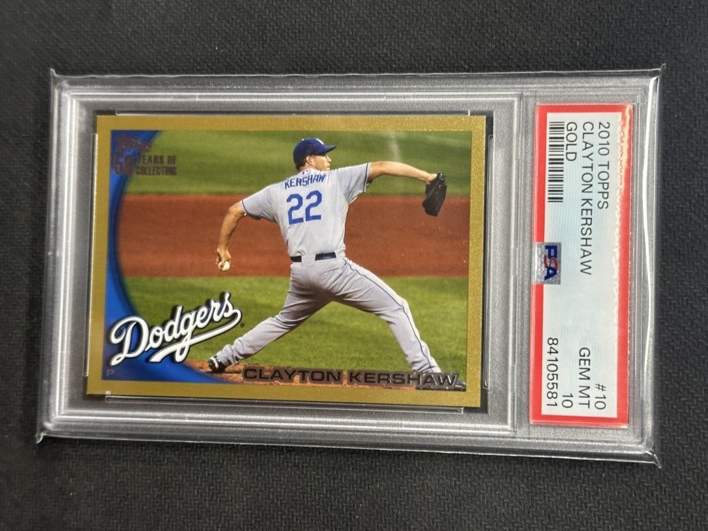 Clayton Kershaw 2010 Topps Gold Foil PSA 10 Baseball Card #10: Clayton Kershaw 2010 Topps Gold Foil PSA 10 Baseball Card #10 This Clayton Kershaw 2010 Topps Gold Foil baseball card is a must-have for any Dodgers fan or collector. Graded a perfect PSA 10 by Profes