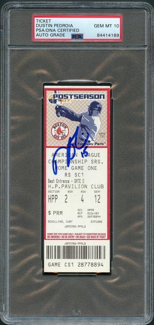 Dustin Pedroia 2007 ALCS Game 1 Signed Ticket PSA 10: Dustin Pedroia 2007 ALCS Game 1 Signed Ticket PSA 10 This item is a signed ticket from the 2007 ALCS Game 1 between the Boston Red Sox and the Cleveland Indians, featuring the autograph of renowned pl