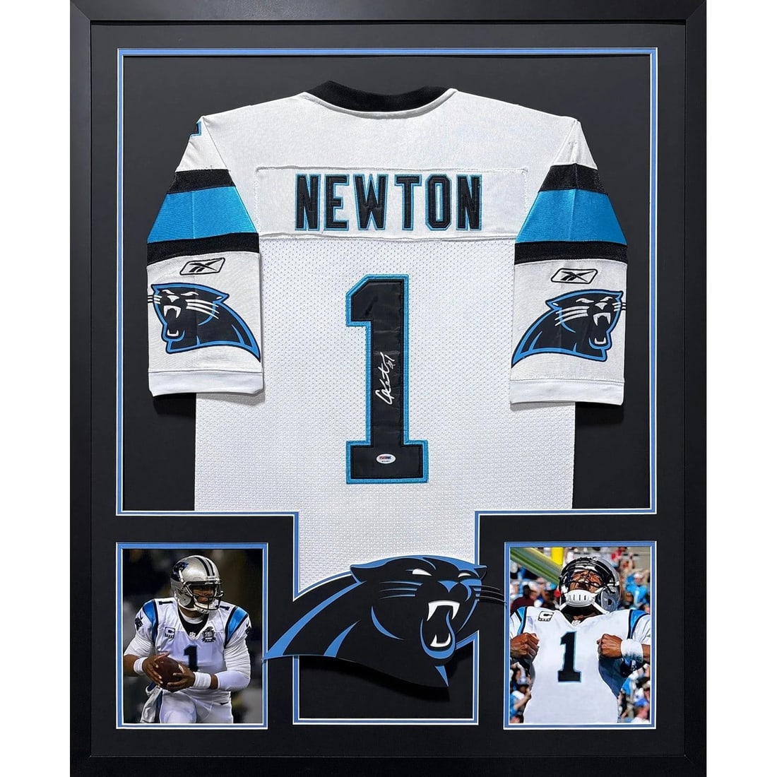 Framed Carolina Panthers Jersey Signed by Cam Newton with PSA DNA Authentication: Framed Carolina Panthers Jersey Signed by Cam Newton with PSA DNA Authentication This framed Carolina Panthers jersey is autographed by Cam Newton and comes with PSA/DNA authentication, including a