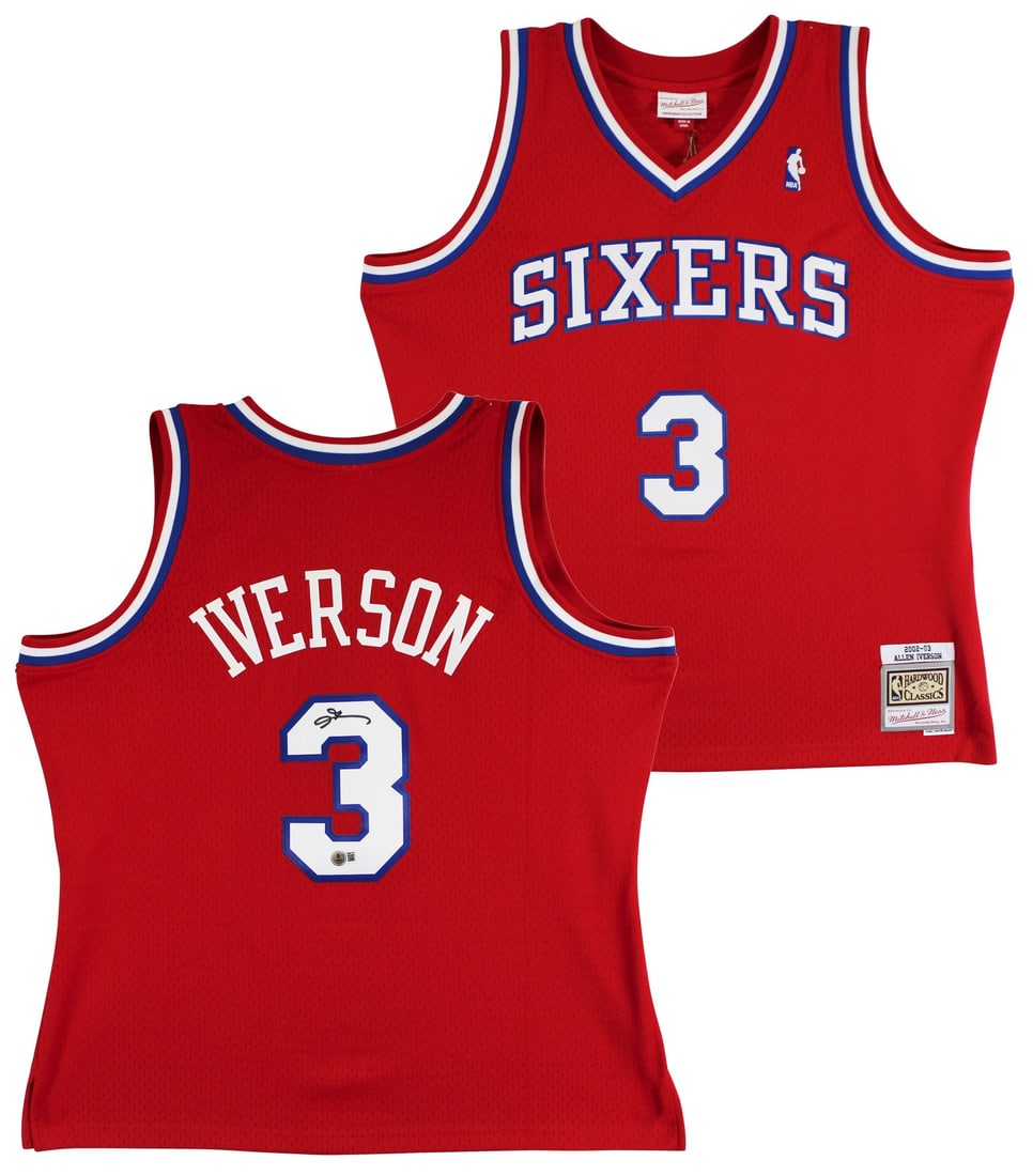 Allen Iverson Signed Red 2002-03 76ers Swingman Jersey BAS Witnessed: Allen Iverson Signed Red 2002-03 76ers Swingman Jersey BAS Witnessed This is an original, autographed red 2002-03 Mitchell & Ness Hardwood Classics Swingman Jersey, personally signed by Allen Iverson