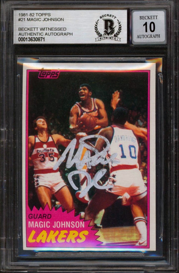 Magic Johnson Autographed 1981 Topps #21 Card Gem Mint 10 BAS Slabbed: Magic Johnson Autographed 1981 Topps #21 Card Gem Mint 10 BAS Slabbed This autographed 1981 Topps #21 basketball card features Magic Johnson, a legendary player of the Los Angeles Lakers. Graded as Ge